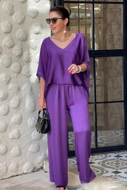 2025 Spring Satin Oversize Women Suit Black V-neck Tops Long Pants Loose Suits Female Spring New Casual Trendy Ladies Clothes