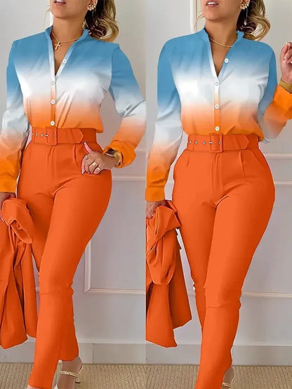 Women's Shirt 2 Pieces Suit Set 2024 Fall Print V Neck Long Sleeve Top Casual High Waist Pockets Work Female Clothes Pants Set