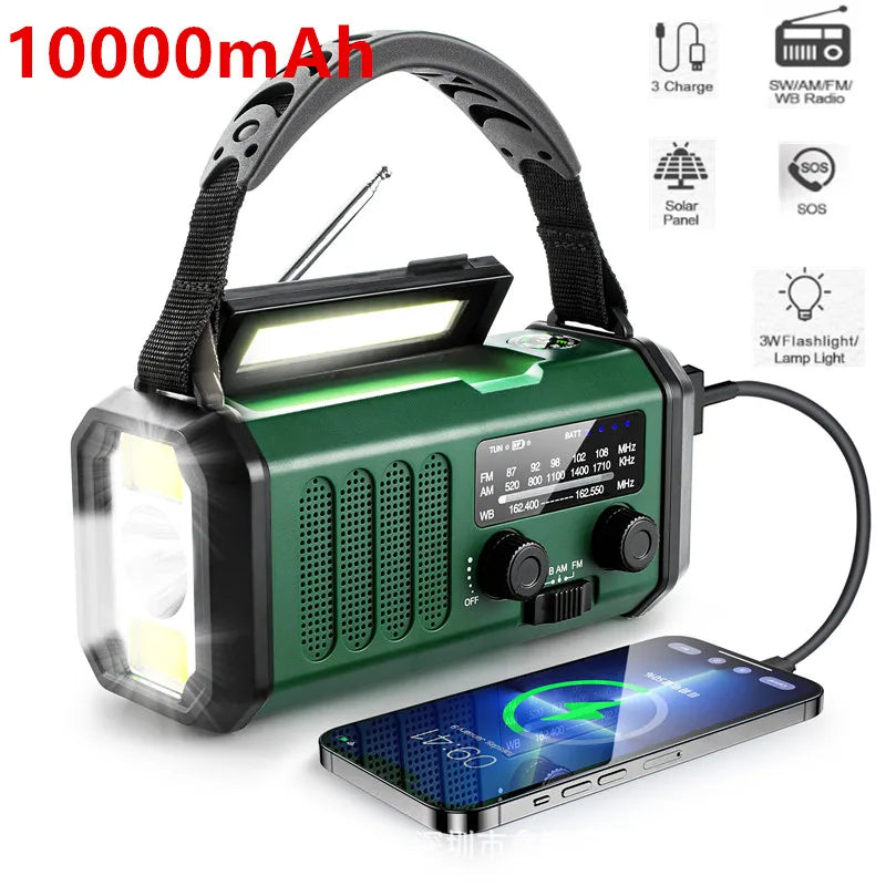 10000mAh Crank Emergency Radio Solar Radio NOAA/AM/FM Weather Radio With Polymer Battery LED Reading Light SOS Alarm Compass