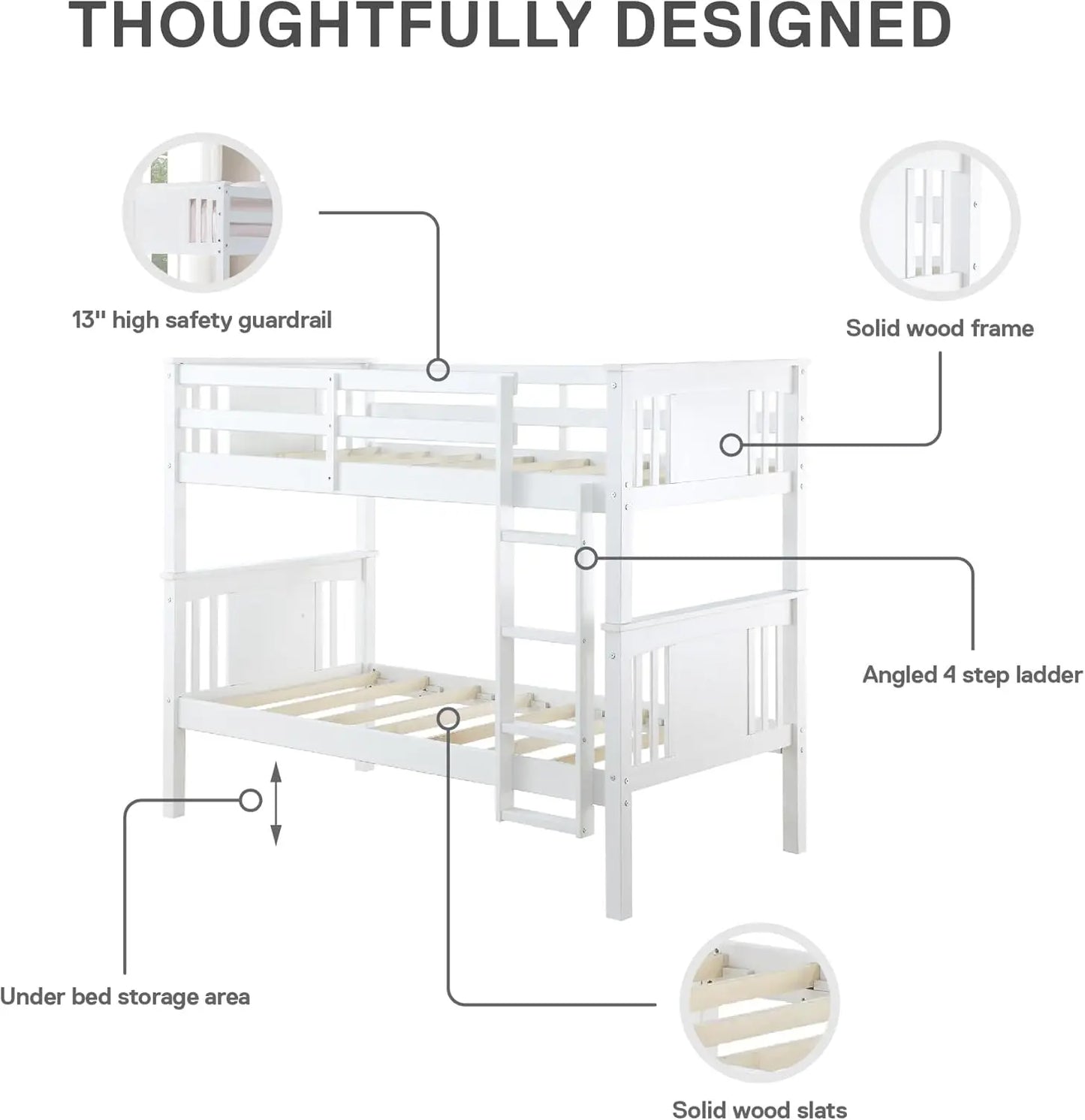 Stackable and Detachable Bed Frames for Kids and Teens, with Ladder, High Guardrail, Wood Slats, No Boxspring Required