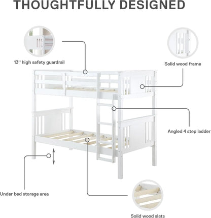 Stackable and Detachable Bed Frames for Kids and Teens, with Ladder, High Guardrail, Wood Slats, No Boxspring Required