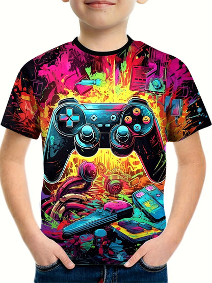 Boys' Vibrant Gamepad Graphic T-Shirt - Soft & Breathable Crew Neck Tee, Ideal for Casual Summer Fun & Everyday Play