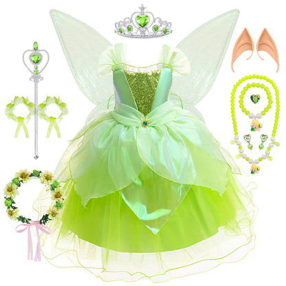 Tinker Bell Girls Fairy Princess Dress Kid Cosplay Elf Costume Tinkerbell Halloween Carnival Party Clothes Fantasy Green Vestido