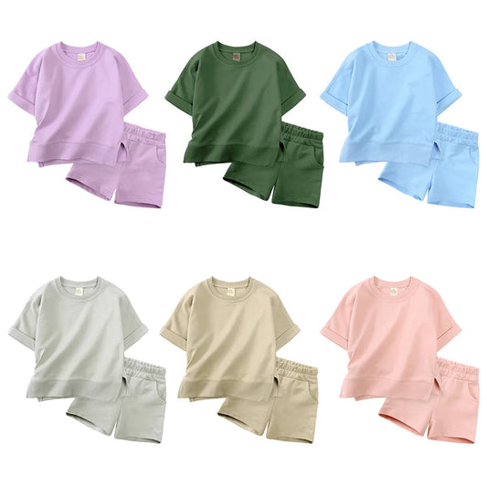 New Arrivals Summer Tracksuit Kids Clothes Sets For Girls Short Sleeve Cotton Top T-shirt+Shorts Boys Loungewear Outfits Suit