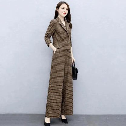 Female Formal Plaid Blazer 2 Pieces Sets Korean Office Long Sleeve Short Suit Tops High Waist Wide Leg Pants Lady OL Outfit