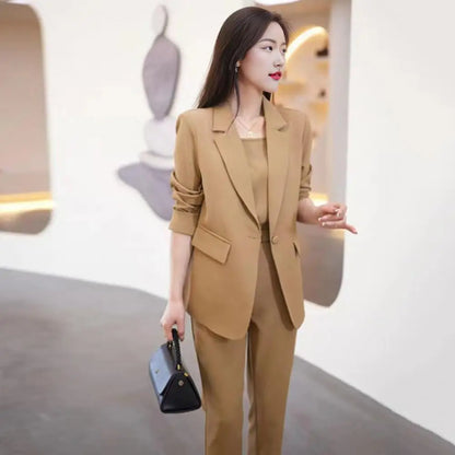 3 Pcs Women Spring Fall Blazers Pants Set 2024 New Office Lady Solid Professional Suit Workwear Outfits Female Soft OL Commuting