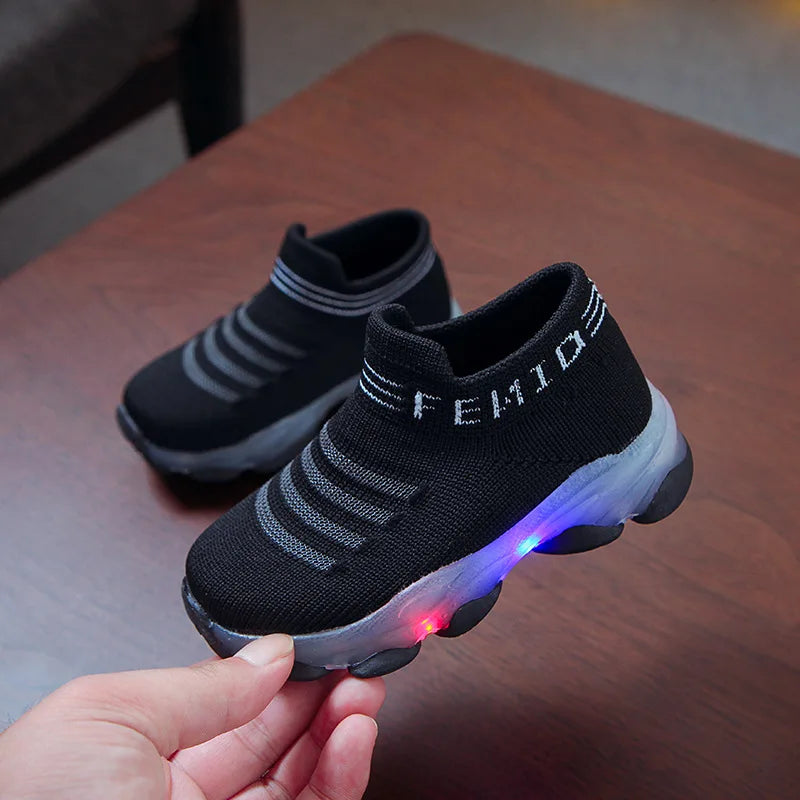 Kids Sneakers Children Baby Girls Boys Letter Mesh Led Luminous Socks Sport Run Sneakers Shoes Sapato Infantil Light Up Shoes