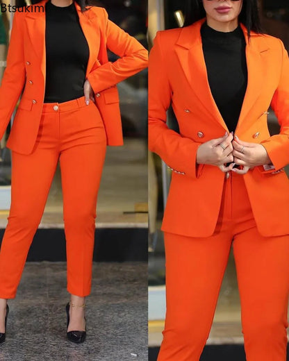 New 2023 Formal Office Pant Sets Women 2PCS Double Breasted Solid Blazers Jacket and Pants Two Pieces Set Female Pant Suits Sets