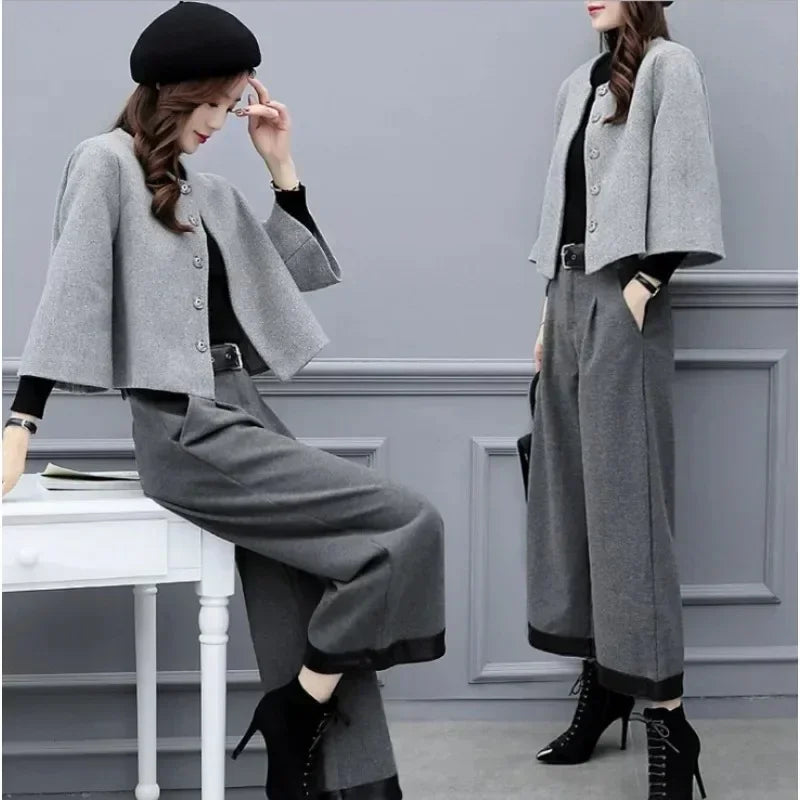 Winter Thick Pants Set Women Fashion Luxury Commuter Short Round Neck Tweed Jacket Loose Wide-legged Trousers 2pcs Matching Set