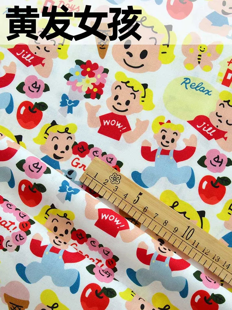 Japanese Style Cartoon Fabric Cute Illustration Comic Character Children Chintz for Sewing Clothes Dresses by Half Meter