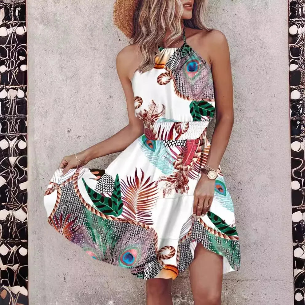 Summer Boho Mini Dress Women 2025 Sexy Floral Print Halter Dresses For Women Casual Sleeveless Beach Holiday Dress jurken dames