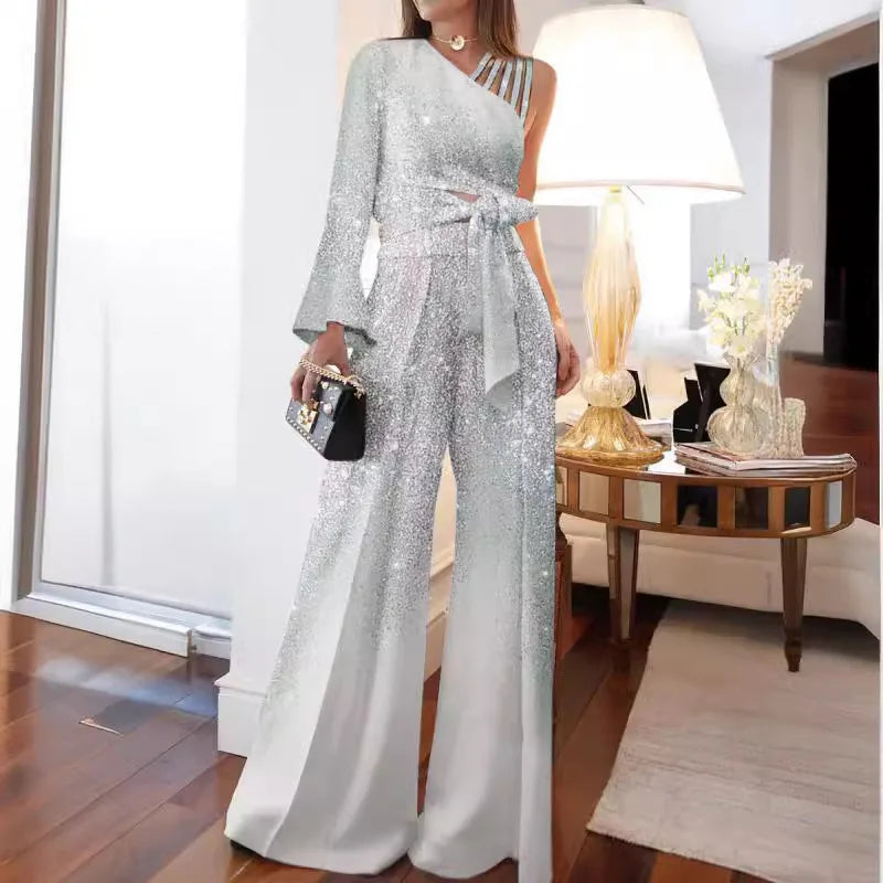 New Arrivals 2024 Spring Summer New Women's Clothing Single Shoulder Bell Sleeve Top Casual High Waist Wide Leg Pants Suit