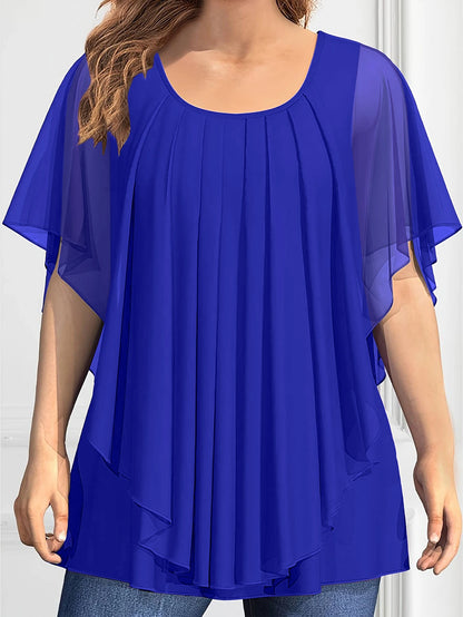 Women's Plus Size Chiffon T shirt Short Sleeve Ruched Round Neck Double Layer Flutter Sleeve Pleated Asymmetric Hem Tee Tops