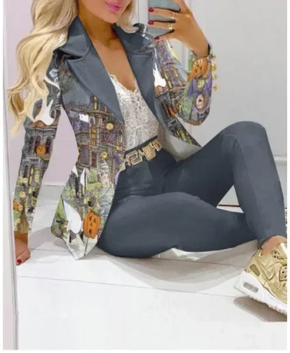 2025 Women Formal Jacket & Trousers Office Lady Outfits Autumn Women Two Pieces Set Print Blazer Coat & Pants Suit Sets Female