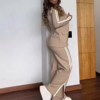 New Elegant Office Lady Sets Long Sleeve Fashion Lapel No Buckle Blazer Striped Side Split Straight Pants Casual Two Piece Sets