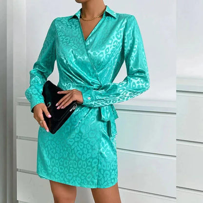 Women's Dresses Elegant Leopard Print  Long Sleeved Mid Waist Lace Up Mini Dress Ladies  Vestidos Dama Elegantes Jurken Dames