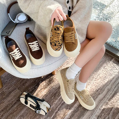 Soft Suede Leather Casual Shoes Women Sneakers Clogs Platform  All-Match Spring Round Toe Cross-tied Frosted Flats Shoes Women