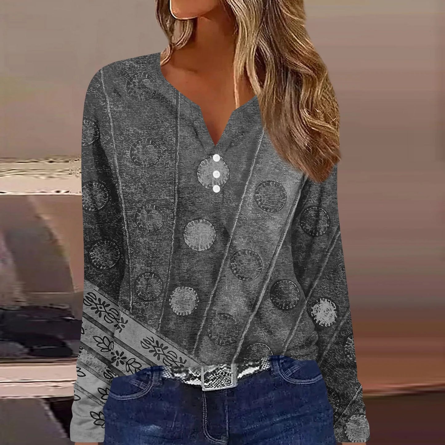 Women's T Shirt Tee Button Print Long Sleeve Daily Weekend Fashion Basic V-Neck Regular Top