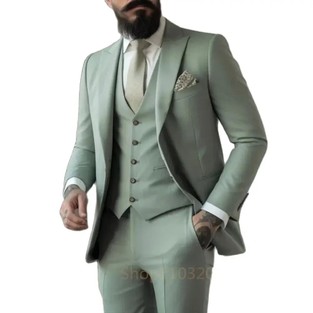 Light Green Suits Men Suits 3 Pieces Wedding Wear Business Male Groom Wedding Dress Jacket Vest Pants Set Blazers Man Fahion