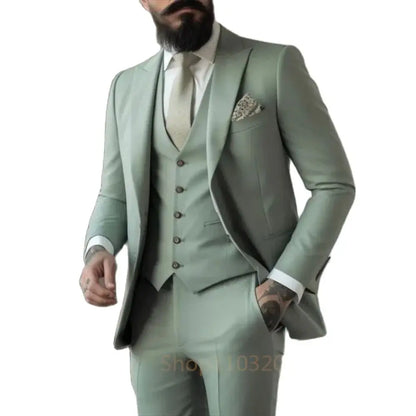 Light Green Suits Men Suits 3 Pieces Wedding Wear Business Male Groom Wedding Dress Jacket Vest Pants Set Blazers Man Fahion