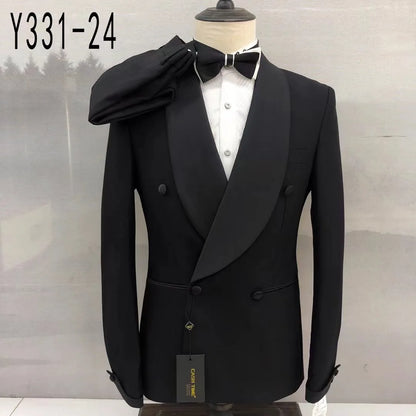 Fashion Black Suits for Men Slim Fit Double Breasted Blazer Pants 2 Pieces Set Prom Wedding Business Men Suit Shawl Lapel Tuxedo