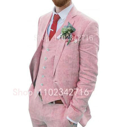 Costume Homme 3 Piece Linen Men Suits 2023 Groom Tuxedo for Wedding Groomsman Summer Beach Male Suit (Jacket+Pants+Vest) Terno