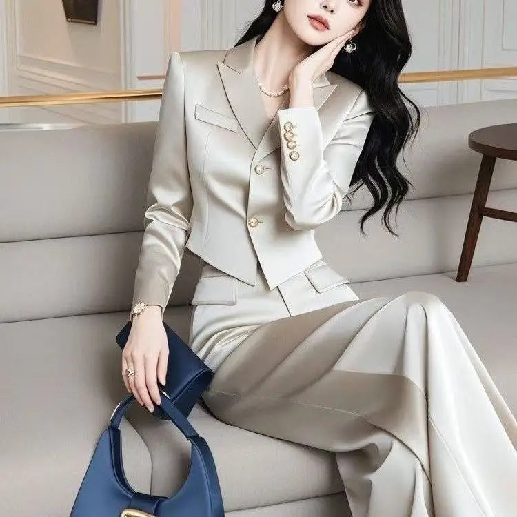 2PCS Elegant Office Lady White Suit Autumn New Women's Formal Outfits Luxury Pearl Buttons Jacket + High Waist Pants 2-Piece Set