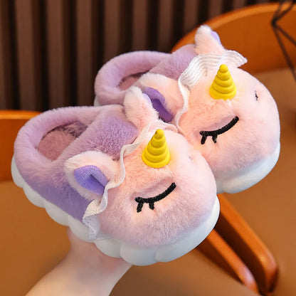 New Winter Kids Plush Slippers Cartoon Unicorn Children's Indoor Slides Non-Slip Soft Mule Girls Boys Warm House Cotton Shoes