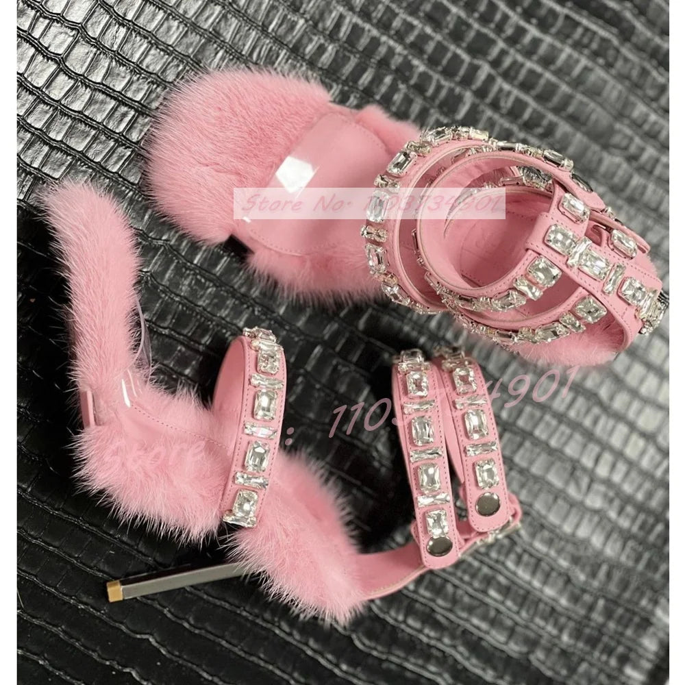 Pink Furry Sweet Crystal Metal Heel Sandals Women Classy Ankle Strap Round Toe High Heels Shoes Lady Sexy Elegant Fashion Shoes