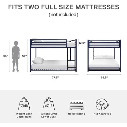 With Built-in Ladder, High Guardrail and Metal Slats, Floor Bed Bottom Bunk, No Boxspring Required, For Small Spaces