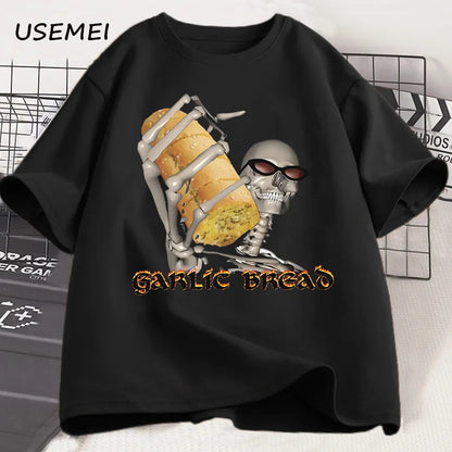 Evil Silly Skeleton T-Shirts Garlic Bread Skeleton Dank Meme T Shirt Funny Unhinged Printed Tshirt Men Women Causal Cotton Tee