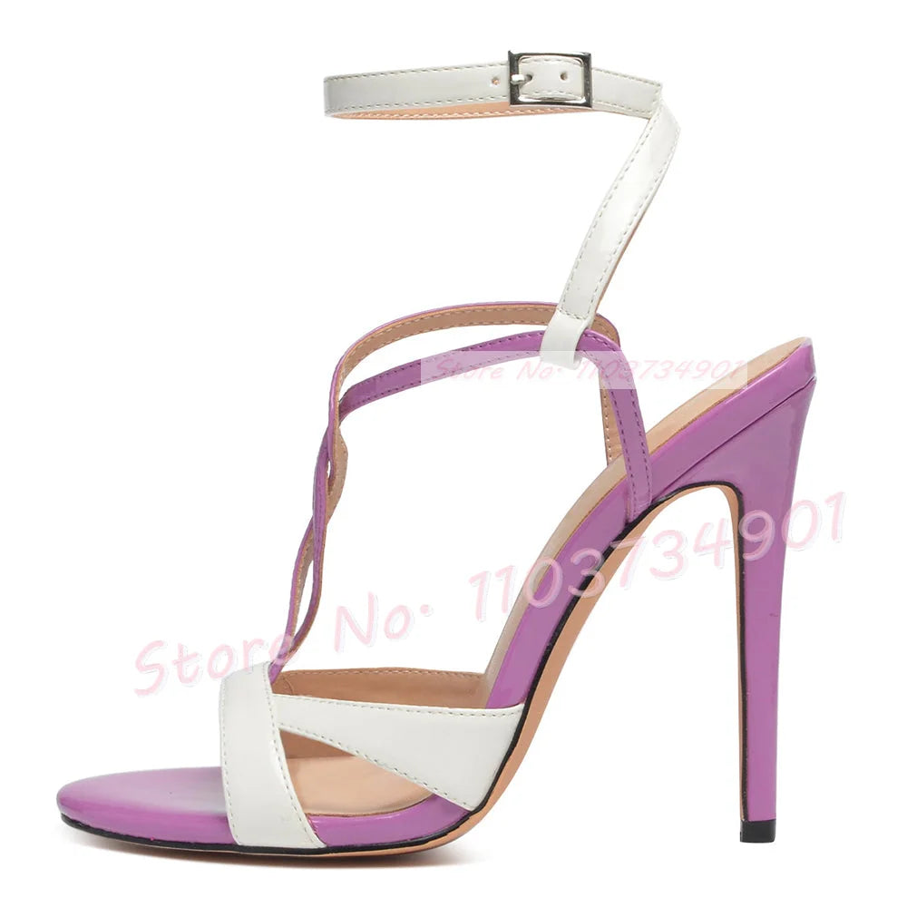 Two-tone Cross Strap Sandals Women Sweet Open Toe Purple-white Strappy Thin High Heels Sandals Classy Elegant Large Size Shoes