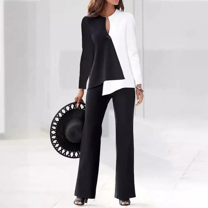 2 Pieces Suit Women's Casual Colorblock Long Sleeve Top and Wide Leg Pants Set Spring Fashion V Neck 3D Print Women's Clothing