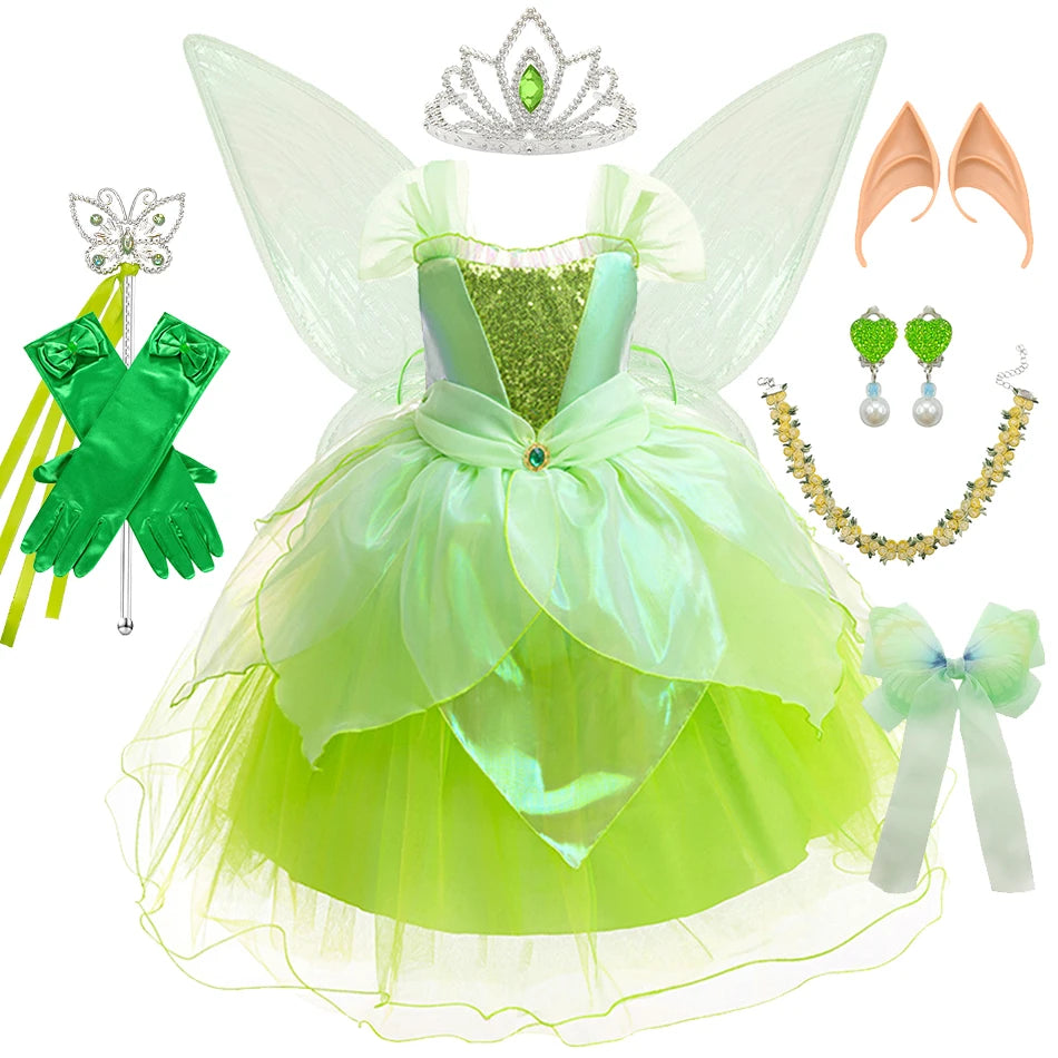 Tinker Bell Girls Fairy Princess Dress Kid Cosplay Elf Costume Tinkerbell Halloween Carnival Party Clothes Fantasy Green Vestido