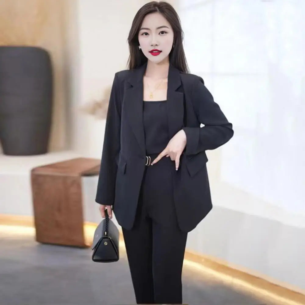 3 Pcs Women Spring Fall Blazers Pants Set 2024 New Office Lady Solid Professional Suit Workwear Outfits Female Soft OL Commuting