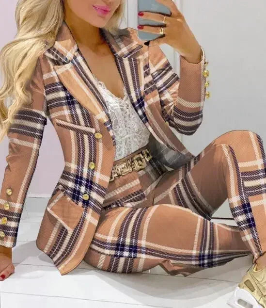 Plaid Print Lapel Collar Blazer & Pants Set Women 2pcs Clothes Suit Pants Suits Spring Autumn Fashion Casual