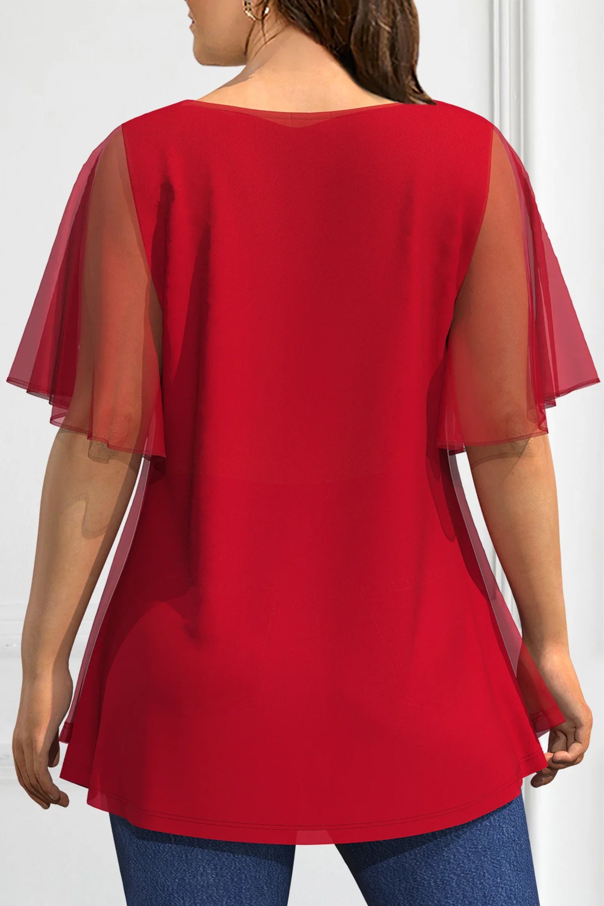 Plus Size Women's T Shirt Red Chiffon Casual Crew Neck Ruffle Sleeve  Fake Two Pieces Solid Mesh Stitching Summer Top 2024