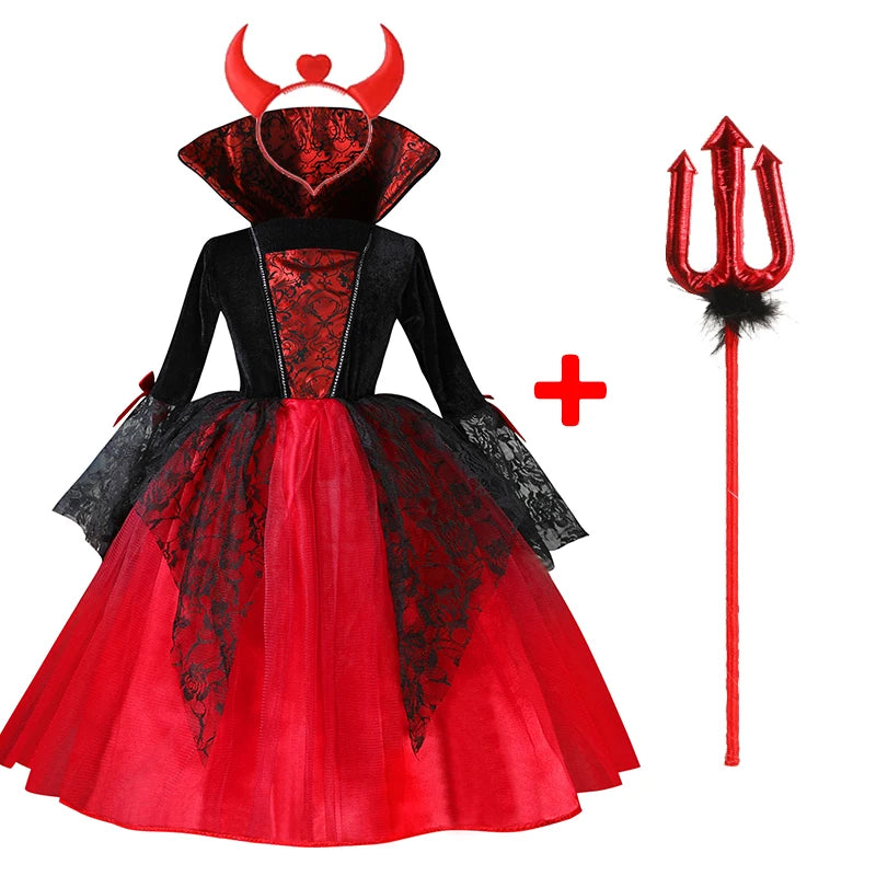 2024 Girls Cosplay Vampire Halloween Dress For Kids Ghost Bride Gothic Costume Count Vampiran Carnival Outfit Black Red Clothes