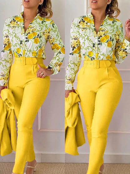 Women's Shirt 2 Pieces Suit Set 2024 Fall Print V Neck Long Sleeve Top Casual High Waist Pockets Work Female Clothes Pants Set