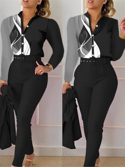 Women's Shirt 2 Pieces Suit Set 2024 Fall Print V Neck Long Sleeve Top Casual High Waist Pockets Work Female Clothes Pants Set