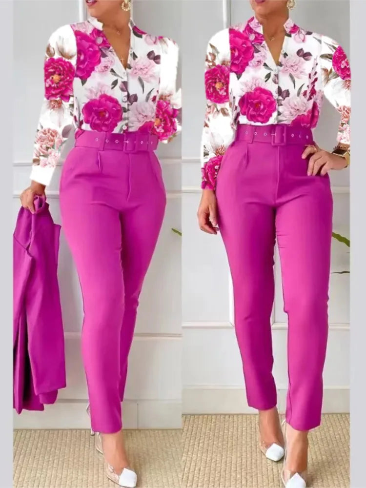 Women's Shirt 2 Pieces Suit Set 2024 Fall Print V Neck Long Sleeve Top Casual High Waist Pockets Work Female Clothes Pants Set