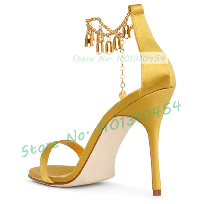 Yellow Satin Metal Bell Chain Sandals Women Chic Classy Open Toe Casual High Heels Sandals Female Ankle Strap Luxury Party Shoes