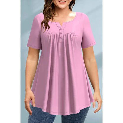 Plus Size Fashion A Line Women Blouse Casual Purple Pleated Decorative Button Round Neck T-Shirt Elegant Summer Short Sleeve Top