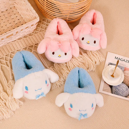 Cartoon Sanrioed Kuromi Hello Kitty Y2K Plush Slippers Women Melody Cinnamoroll Anime Kawaii Winter Home Cotton Shoes Soft Girl