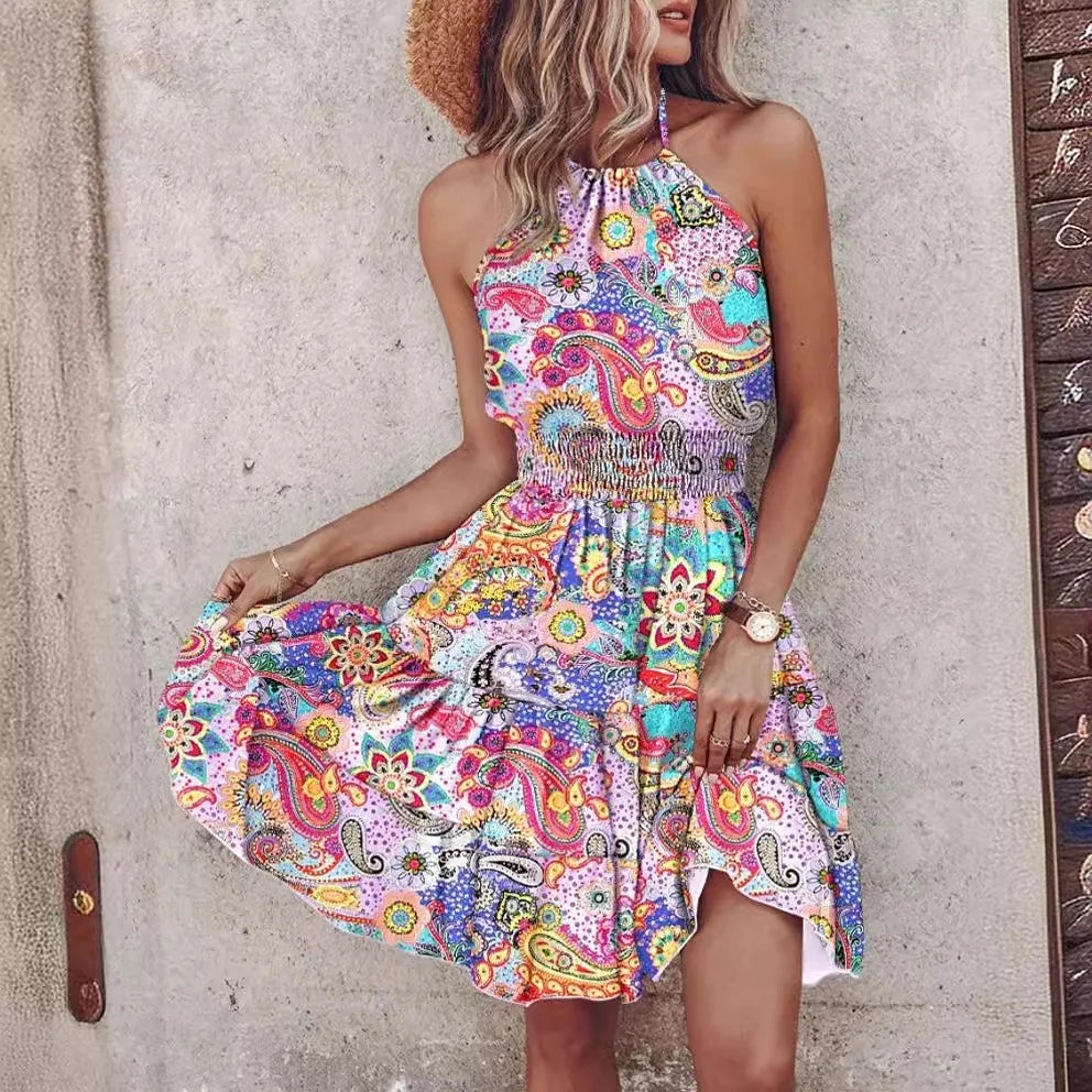 Summer Boho Mini Dress Women 2025 Sexy Floral Print Halter Dresses For Women Casual Sleeveless Beach Holiday Dress jurken dames