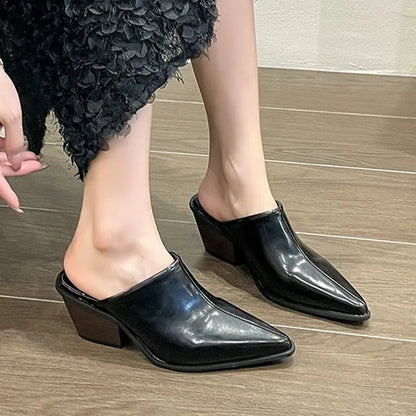 Retro Shoes Women Mules Pointed-toe Block Heel Fashion Slippers Casual Thin Shoes Patent Leather Heels Classy Party Prom Shoes