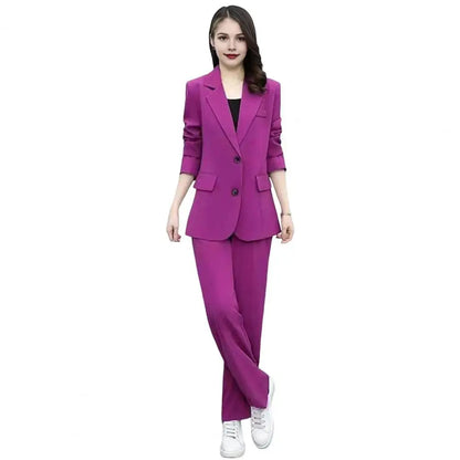 2004 Autumn Women Blazer Pants Set 2025 Spring  Lapel Single Button Blazer Coat Wide Leg High Waist Straight Leg Pants Suit