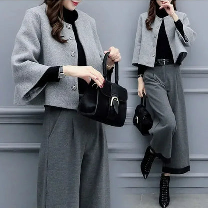 Winter Thick Pants Set Women Fashion Luxury Commuter Short Round Neck Tweed Jacket Loose Wide-legged Trousers 2pcs Matching Set