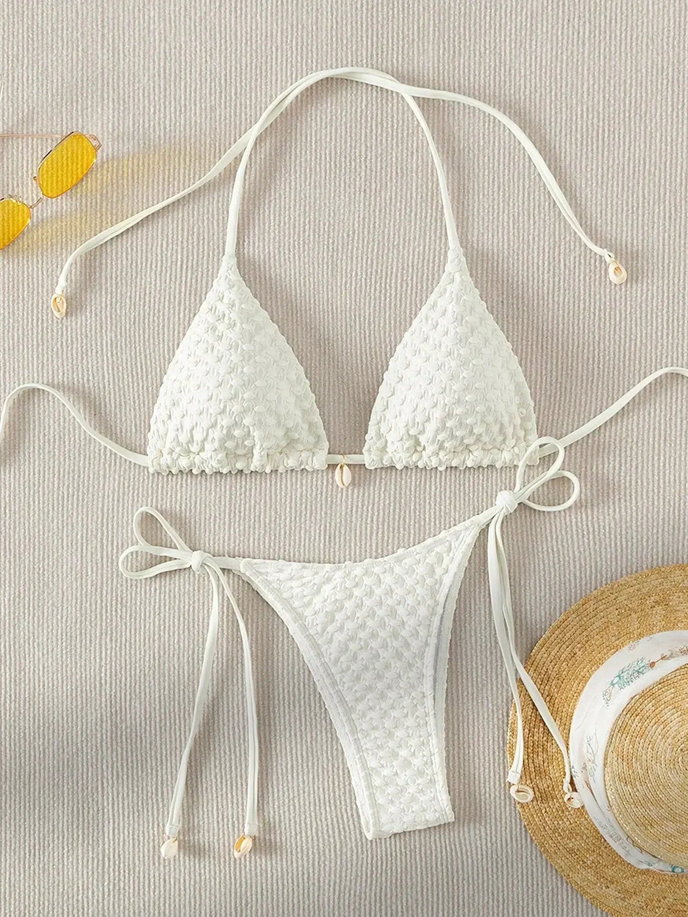 Sexy Bikini Set White Shell Designer Swimsuit 2025 New Halter Push Up Micro Bikinis Summer Bathing Suit Tie Side Thong Swimwear