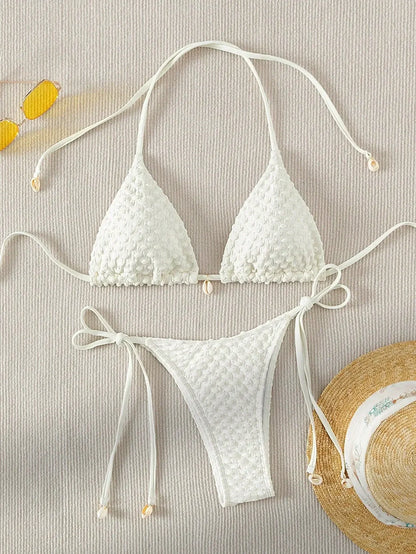 Sexy Bikini Set White Shell Designer Swimsuit 2025 New Halter Push Up Micro Bikinis Summer Bathing Suit Tie Side Thong Swimwear